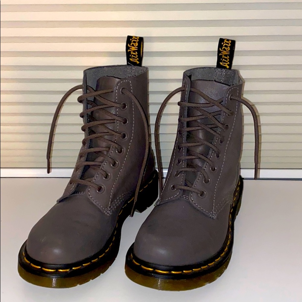 Gray Dr. Martens combat boots